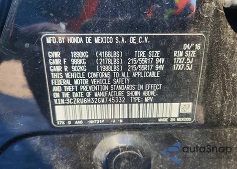 2016 Honda Hr-V Lx z USA, uszkodzony, nr VIN 3CZRU6H32GM745332